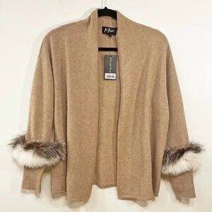 New 100% Cashmere Fur Trimmed Cardigan Oat Beige S-M fit